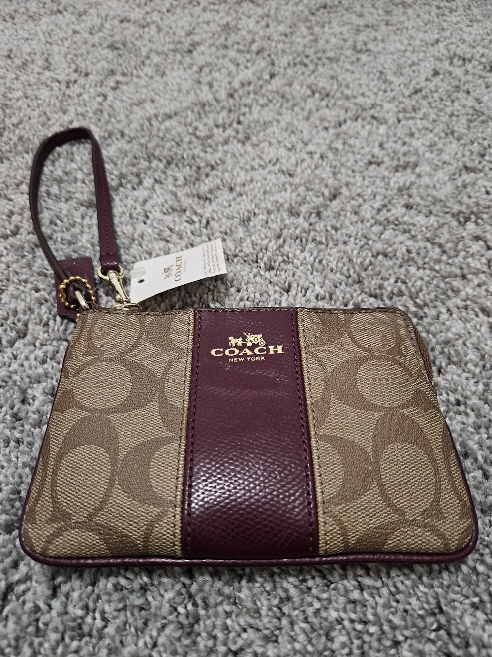 Coach Signature Canvas Wristlet in Brown and Burgundy Leather Trim NWT